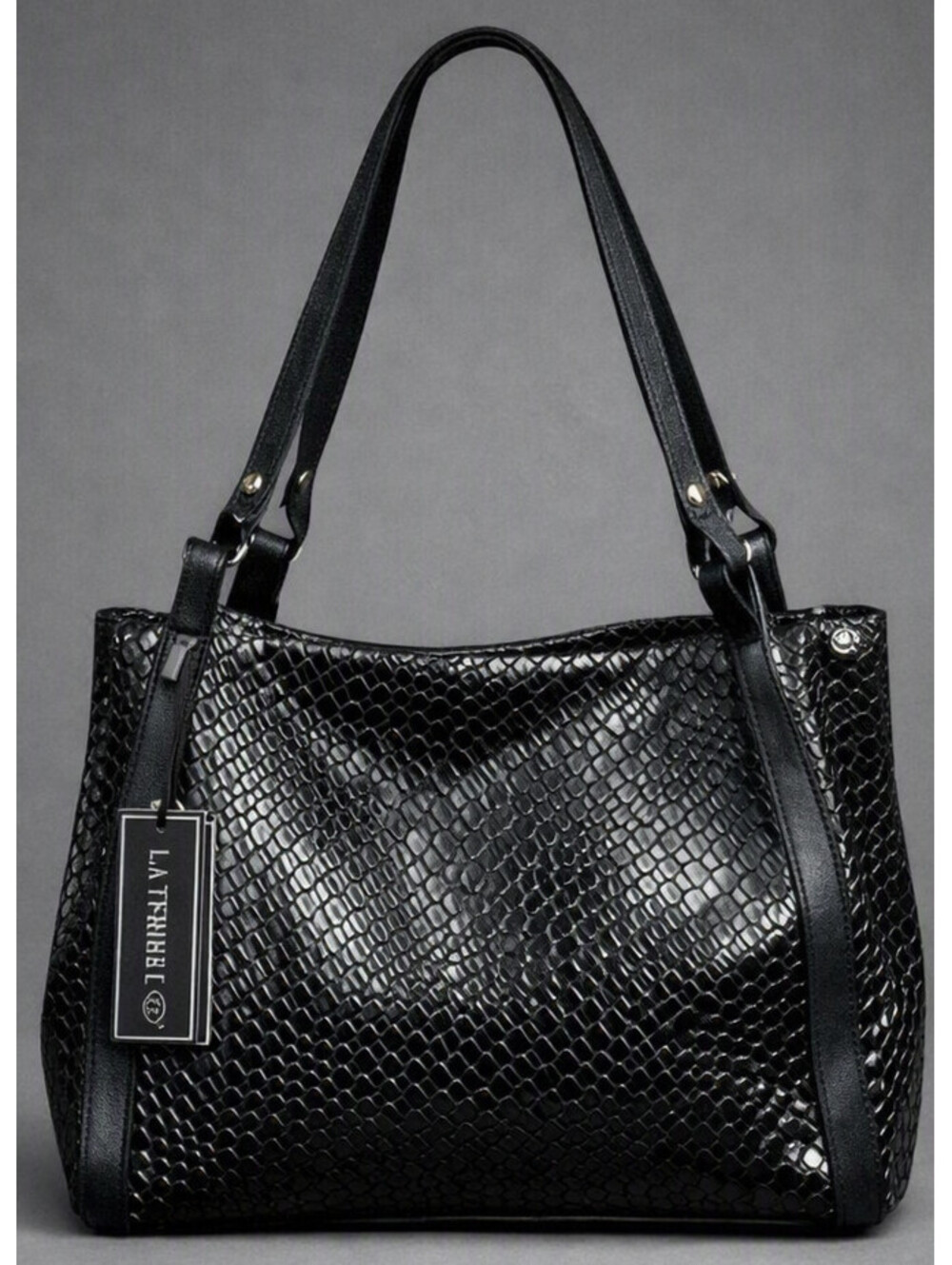 La Terre Black Embossed Reptile Faux Leather Tote Shoulder Bag Large NWT Purse